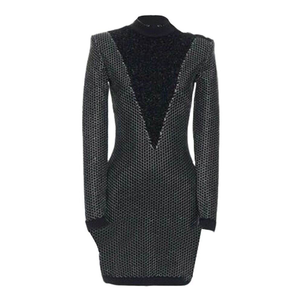 Balmain Rousteing silver thread fluffy military dress